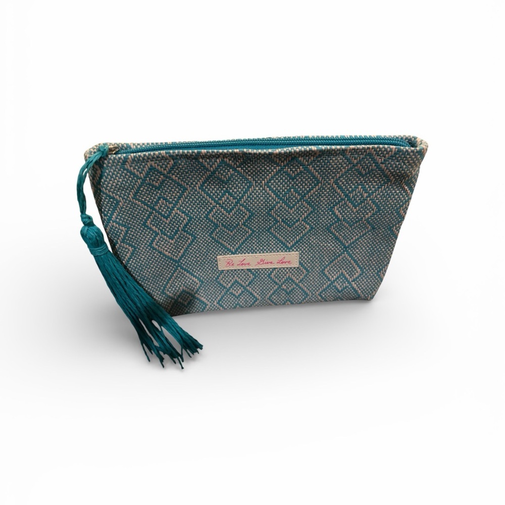 Josie Maran "Be Love Give Love" NEW Teal Geometric‎ Tassel Cosmetic Pouch